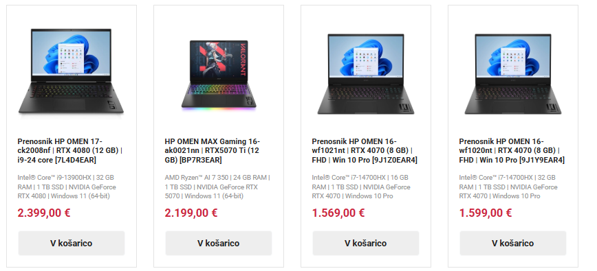 Slika štirih gaming prenosnikov iz naše kategorije gaming prenosniki in link do kategorije