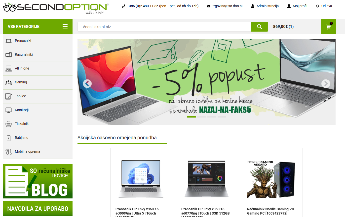 Slika homepage domače strani podjetja SO d.o.o. in integriran link