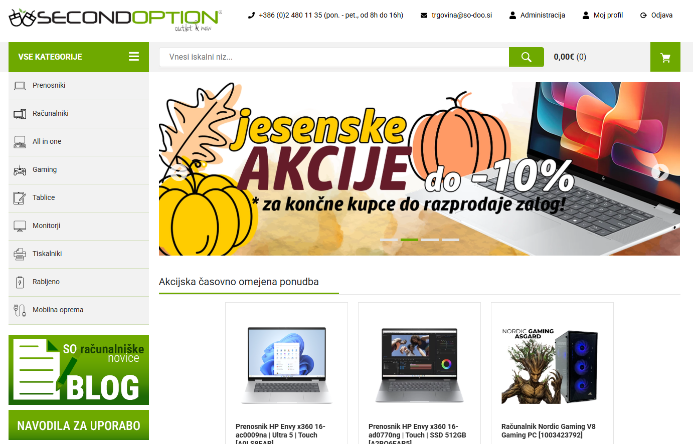 Screenshot domače strani za podjetje SO d.o.o. z integriranim linkom na homepage