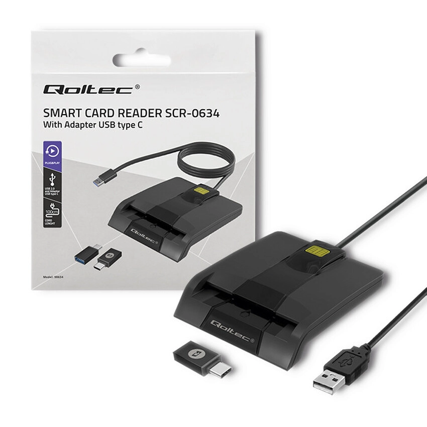 Qoltec SCR-0634 Intelligent Smart ID chip card reader + USB-C adaptera