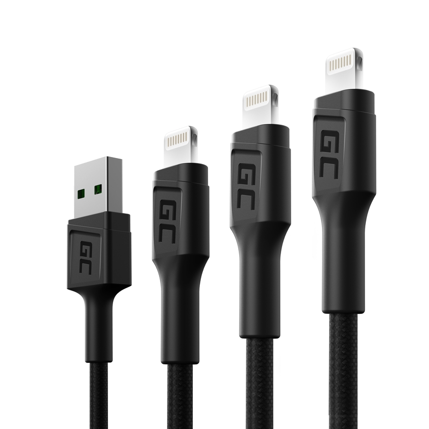 Set 3x Green Cell kabel GC Ray USB - Lightning 30cm, 120cm, 200cm za iPhone, iPad, iPod, white LED, quick charging (KABGCSET04)
