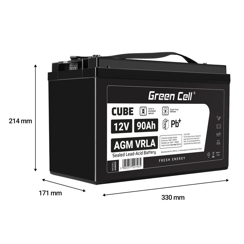 Green Cell CUBE AGM IP54 12V 90Ah VRLA baterija Gel deep cycle scooter mower boat barge mower tractor fishing boat (AGM12V90AH-J)