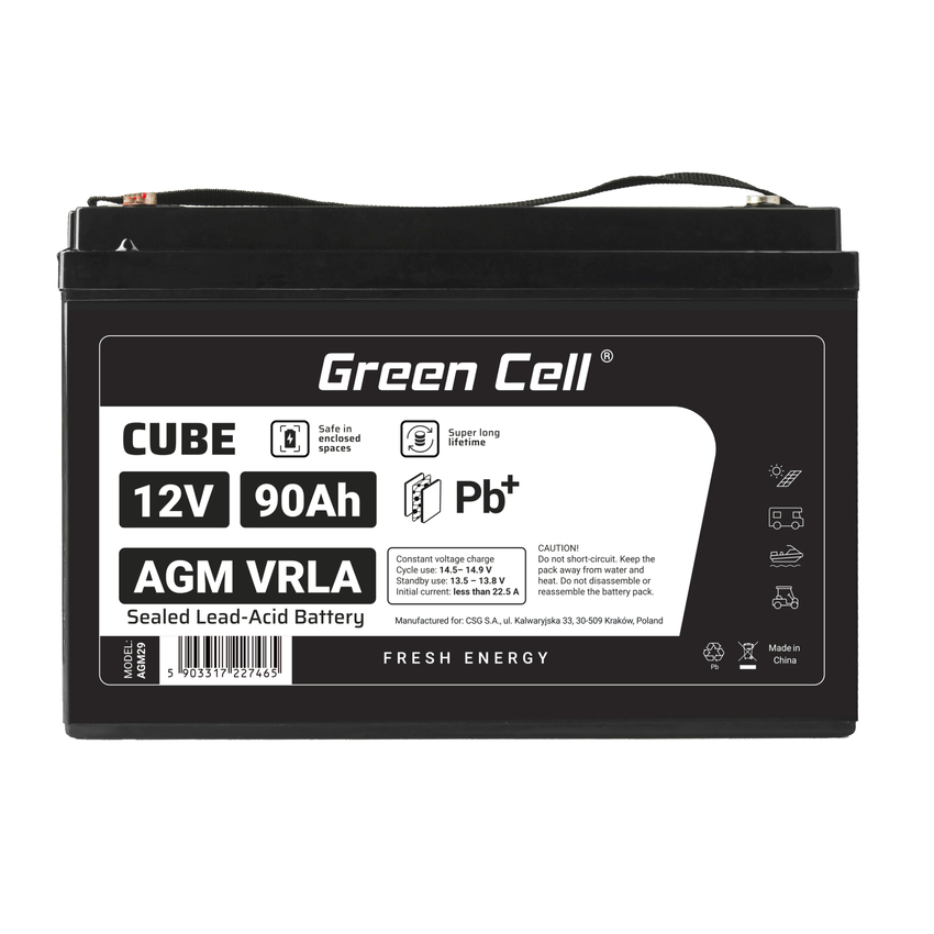 Green Cell CUBE AGM IP54 12V 90Ah VRLA baterija Gel deep cycle scooter mower boat barge mower tractor fishing boat (AGM12V90AH-J)