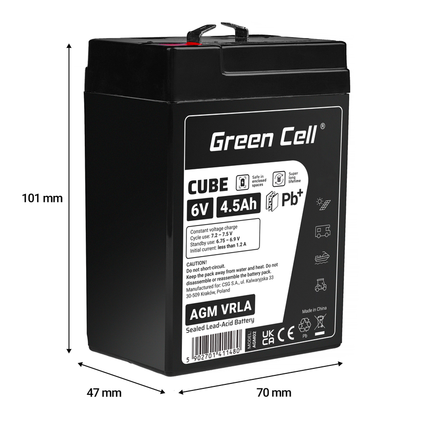Green Cell CUBE AGM IP54 6V 4Ah VRLA baterija Gel deep cycle scooter mower boat barge mower tractor fishing boat (AGM6V4-5AH-J)