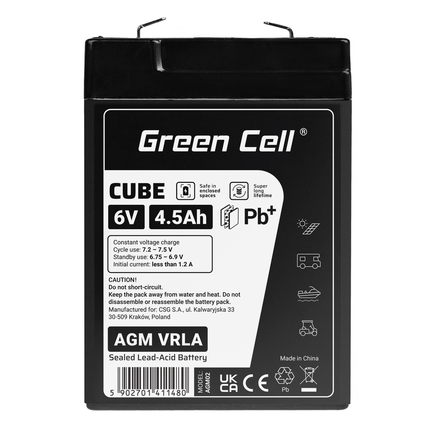 Green Cell CUBE AGM IP54 6V 4Ah VRLA baterija Gel deep cycle scooter mower boat barge mower tractor fishing boat (AGM6V4-5AH-J)