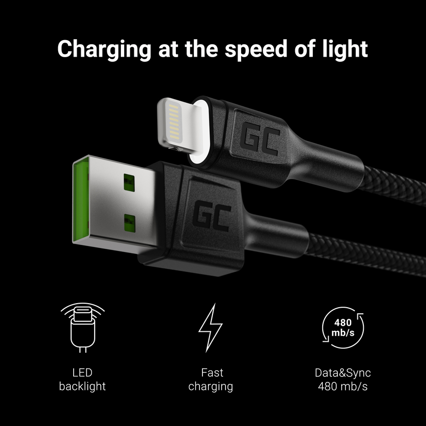 Green Cell kabel Ray USB-A - Lightning bel LED 120cm with support za Apple 2.4A fast charging (KABGC05)