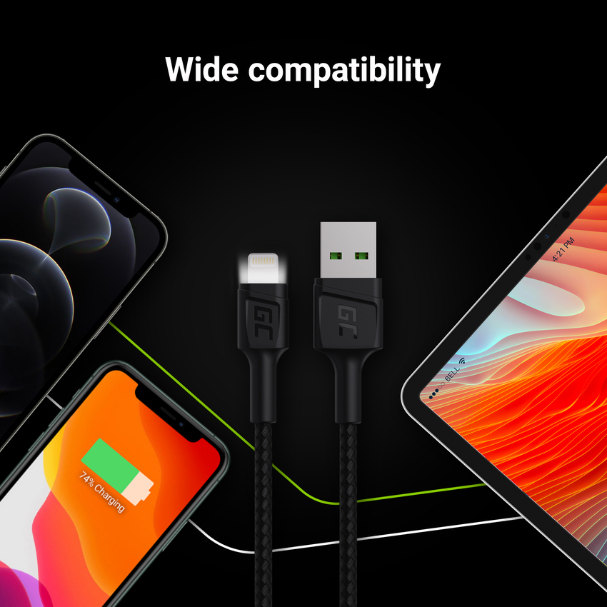 Green Cell kabel Ray USB-A - Lightning bel LED 120cm with support za Apple 2.4A fast charging (KABGC05)