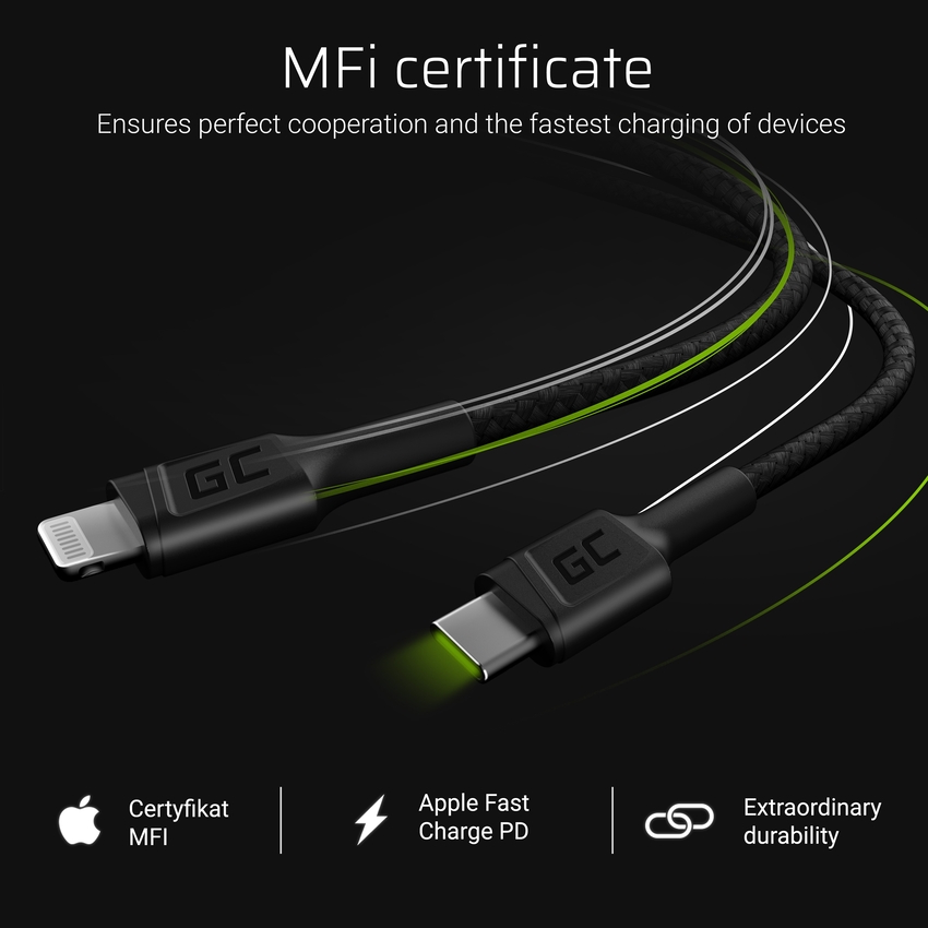 Green Cell kabel GC Power Stream USB-C - Lightning 100 cm with napajalni kabel (Apple MFi Certified) (KABGC07)