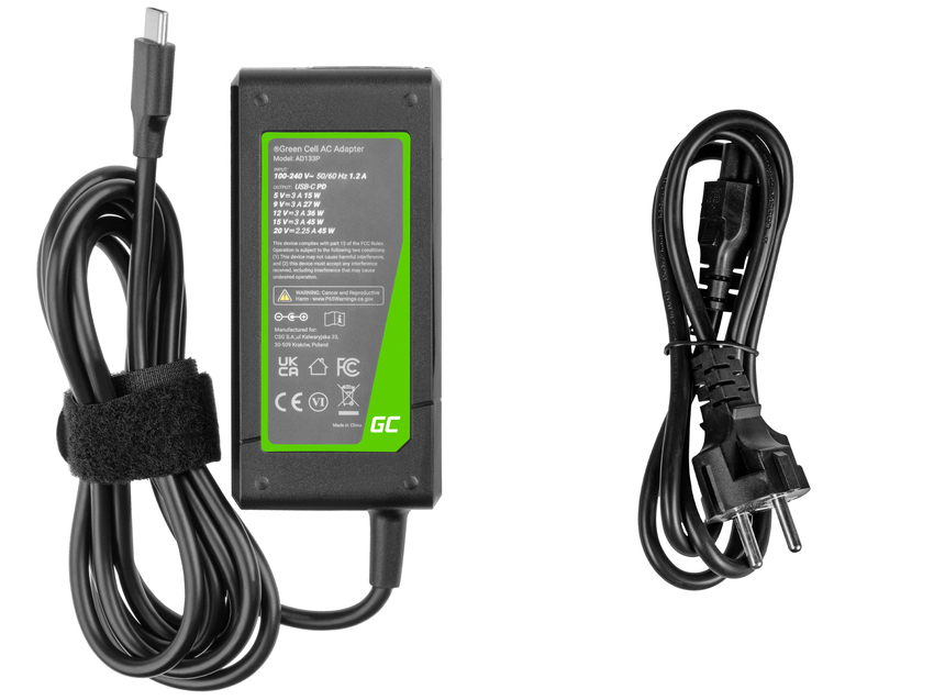 polnilec / AC Adapter / Power Supply Green Cell USB-C 45W za prenosniki, tablice and telefoni (AD133P)