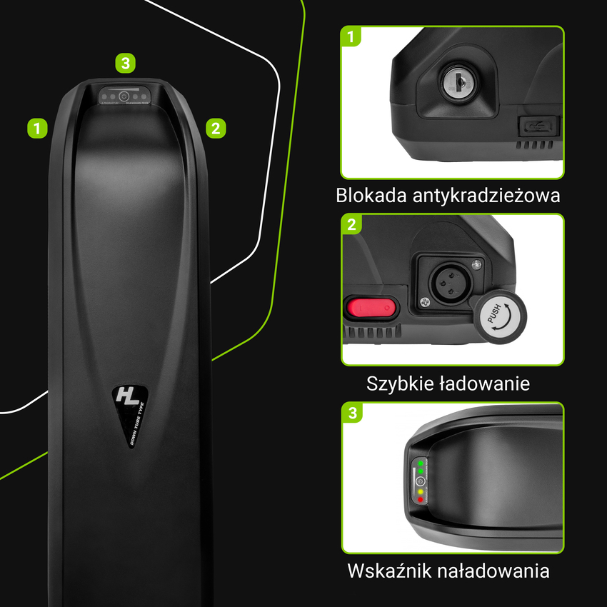 Green Cell E-bike baterija 48V 18Ah 864Wh Down Tube Ebike EC5 za Samebike, SMLRO with polnilec (EBIKE78STD)