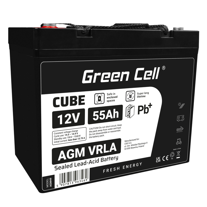 Green Cell CUBE AGM IP54 12V 55Ah VRLA baterija Gel deep cycle scooter mower boat barge mower tractor fishing boat (AGM12V55AH-J)
