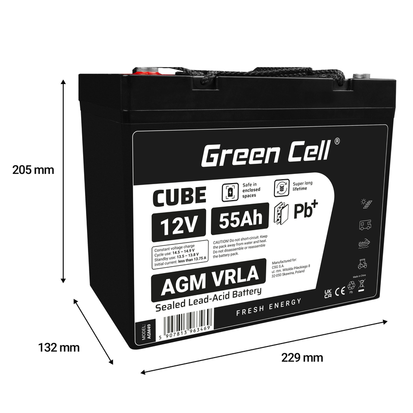 Green Cell CUBE AGM IP54 12V 55Ah VRLA baterija Gel deep cycle scooter mower boat barge mower tractor fishing boat (AGM12V55AH-J)