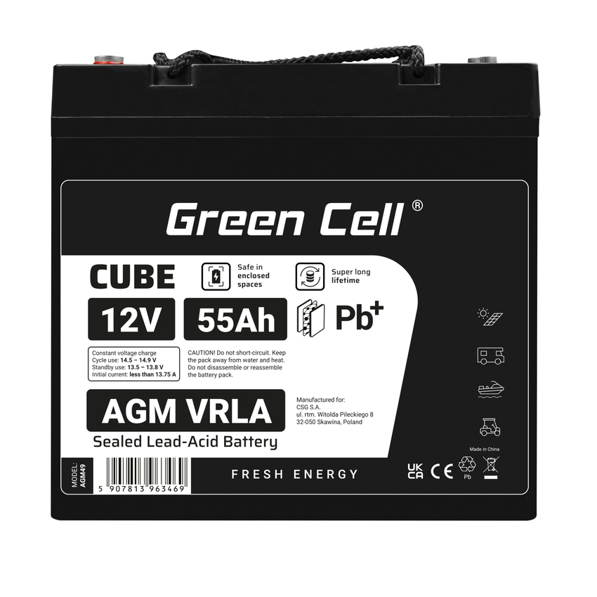 Green Cell CUBE AGM IP54 12V 55Ah VRLA baterija Gel deep cycle scooter mower boat barge mower tractor fishing boat (AGM12V55AH-J)