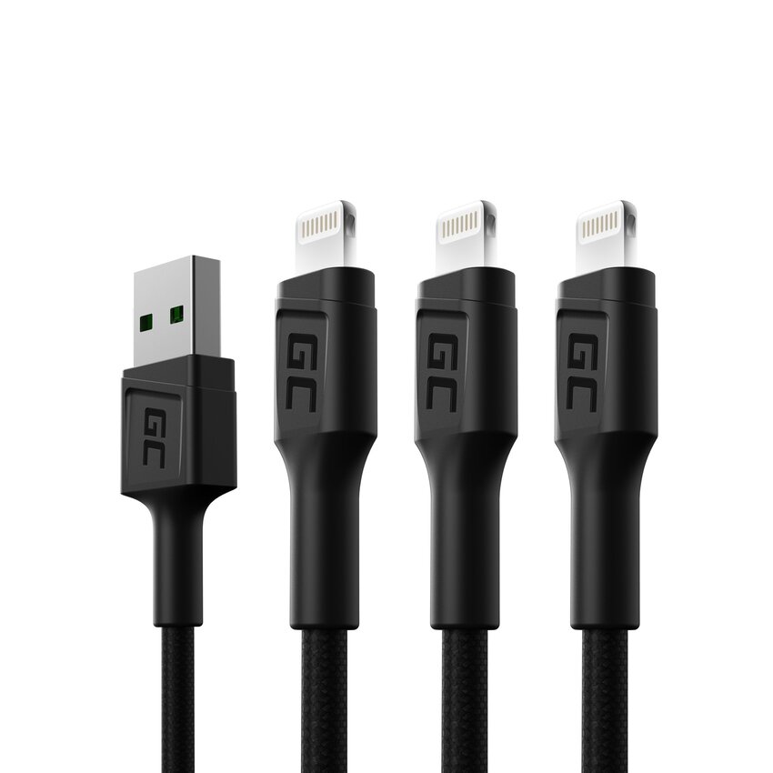 Set 3x Green Cell kabel GC Ray Lightning 200cm  with white LED, quick charging Apple 2.4A (KABGCSET06)