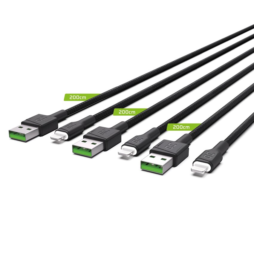 Set 3x Green Cell kabel GC Ray Lightning 200cm  with white LED, quick charging Apple 2.4A (KABGCSET06)
