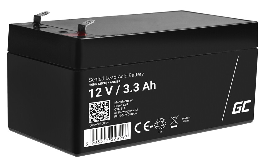 Green Cell AGM VRLA 12V 3.3Ah baterija za vzdrževanje alarmnih sistemov, davčnih blagajn, igrač (AGM19)