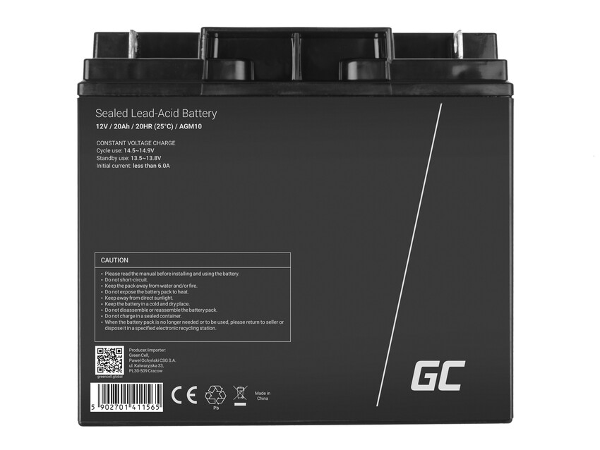 Green Cell AGM VRLA 12V 20Ah baterija za vzdrževanje za kosilnice, skuterje, ladje, invalidske vozičke (AGM10)
