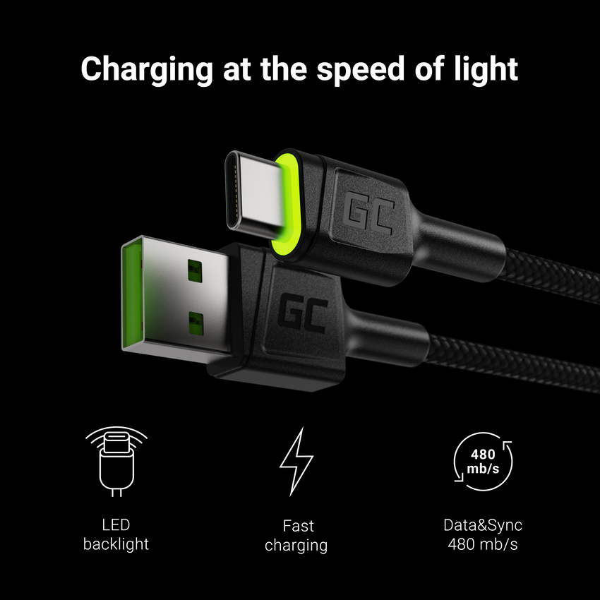 Green Cell kabel Ray USB kabel - USB-C 120cm with green LED backlight and support fast charging Ultra Charge, QC 3.0 (KABGC06)
