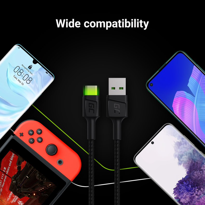 Green Cell kabel Ray USB kabel - USB-C 120cm with green LED backlight and support fast charging Ultra Charge, QC 3.0 (KABGC06)