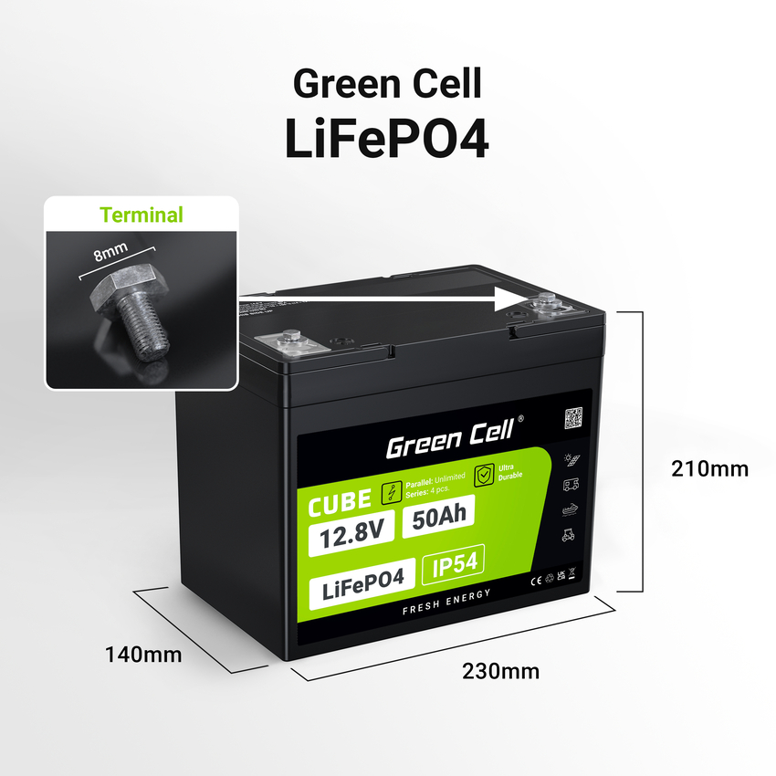 Green Cell CUBE LiFePO4 50Ah 12.8V 640Wh Lithium Iron Phosphate baterija za Camper, Golf Cart,Wind Power Plant (LFPGC12V50AH)