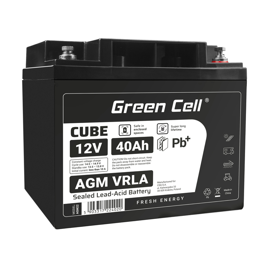 Green Cell CUBE AGM IP54 12V 40Ah VRLA baterija Gel deep cycle scooter mower boat barge mower tractor fishing boat (AGM12V40AH-J)
