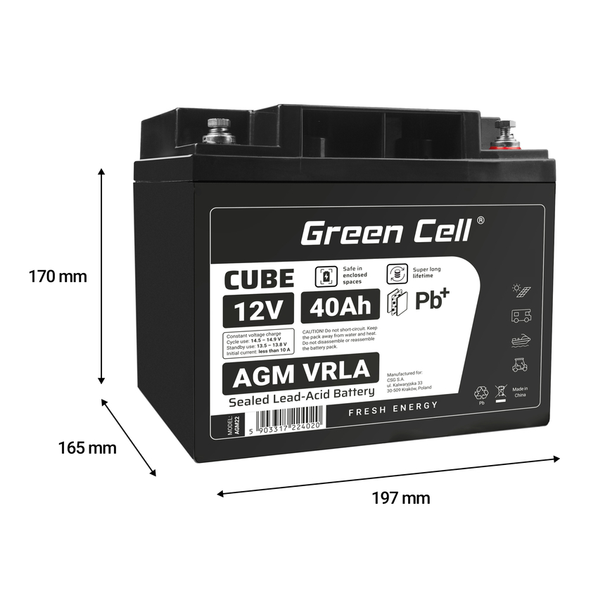 Green Cell CUBE AGM IP54 12V 40Ah VRLA baterija Gel deep cycle scooter mower boat barge mower tractor fishing boat (AGM12V40AH-J)