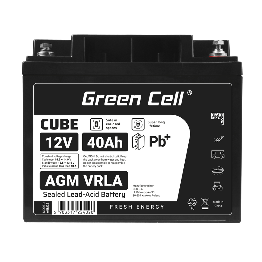 Green Cell CUBE AGM IP54 12V 40Ah VRLA baterija Gel deep cycle scooter mower boat barge mower tractor fishing boat (AGM12V40AH-J)