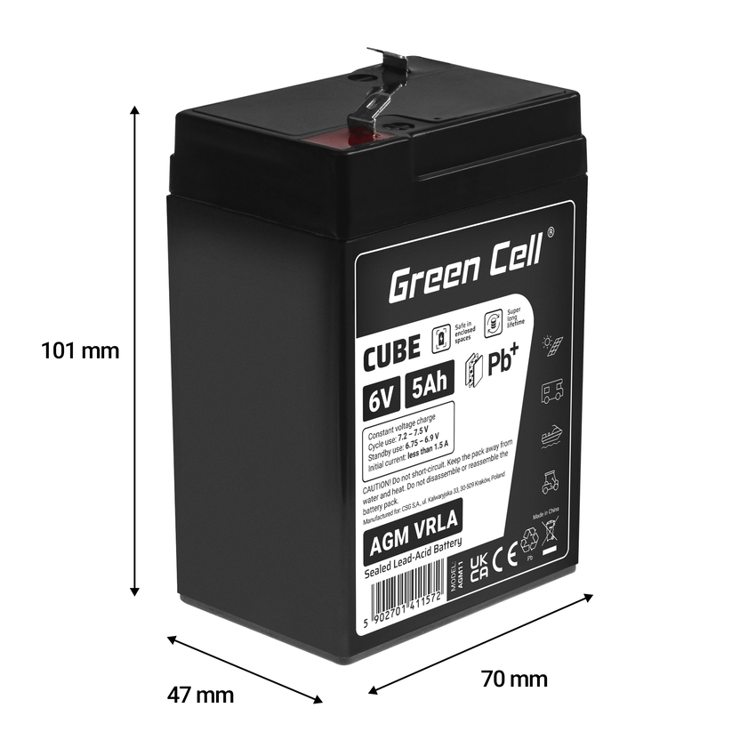 Green Cell CUBE AGM IP54 6V 5Ah VRLA baterija Gel deep cycle toys za kids alarm systems (AGM6V5AH-J)