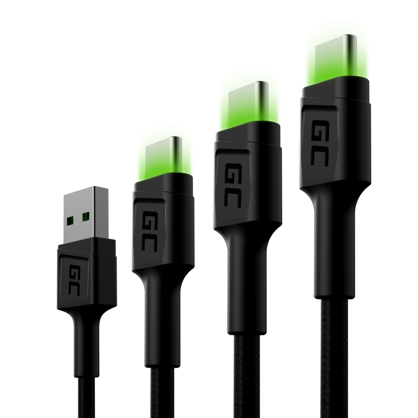 Set 3x Green Cell kabel GC Ray USB-C kabel 30cm, 120cm, 200cm with green LED backlight, fast charging UC, QC 3.0 (KABGCSET01)