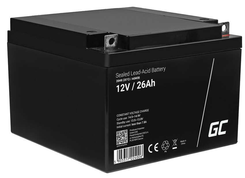 Green Cell AGM VRLA 12V 26Ah baterija za vzdrževanje za kosilnice, skuterje, ladje, invalidske vozičke (AGM35)