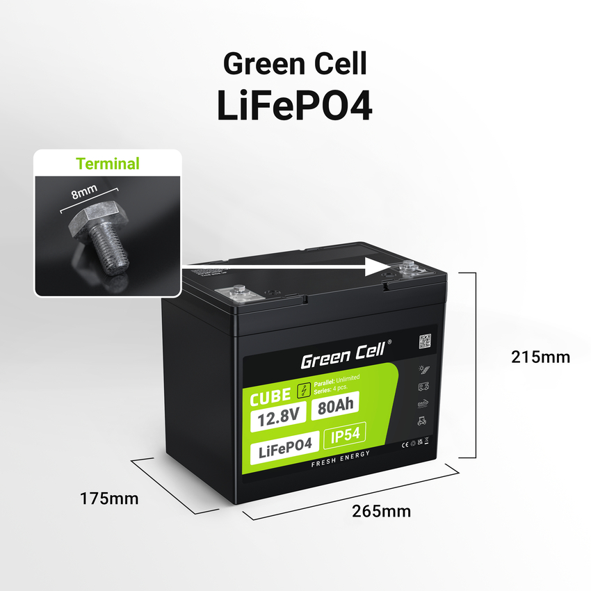 Green Cell CUBE LiFePO4 80Ah 12.8V 1024Wh Lithium Iron Phosphate baterija za Camper, Cleaning Equipment, Camping (LFPGC12V80AH)