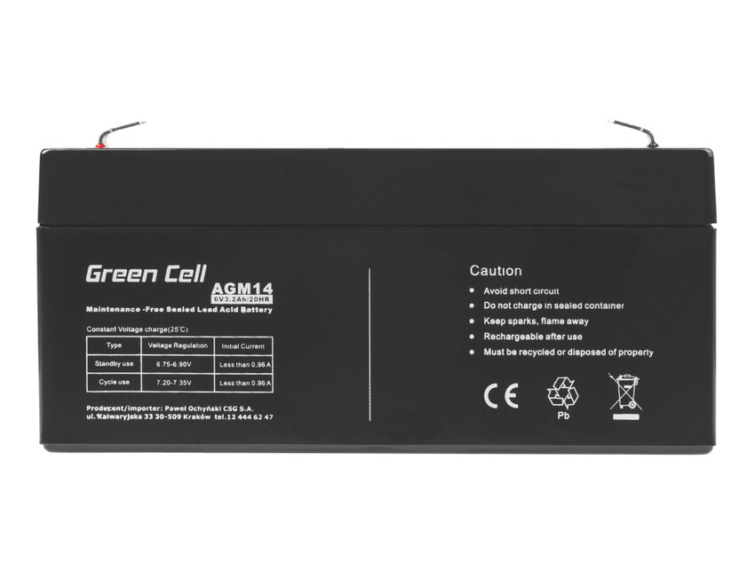 Green Cell AGM VRLA 6V 3.2Ah baterija za vzdrževanje alarmnih sistemov, davčnih blagajn, igrač (AGM14)