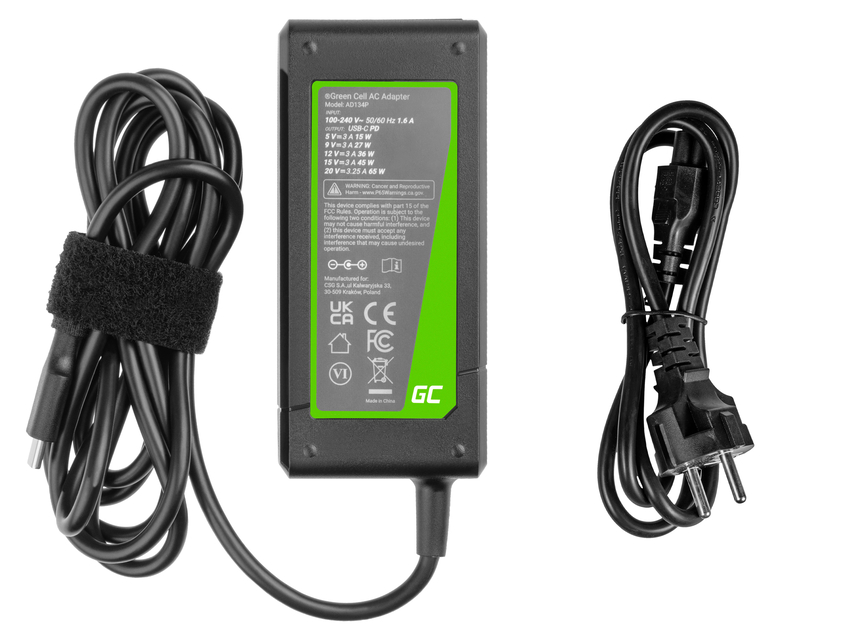Green Cell USB-C 65W polnilec Adapter za Laptops, Tablets, Phones (AD134P)