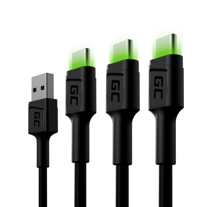 Set 3x Green Cell kabel GC Ray USB-C 200cm kabel with green LED backlight, fast charging Ultra Charge, QC 3.0 (KABGCSET03)